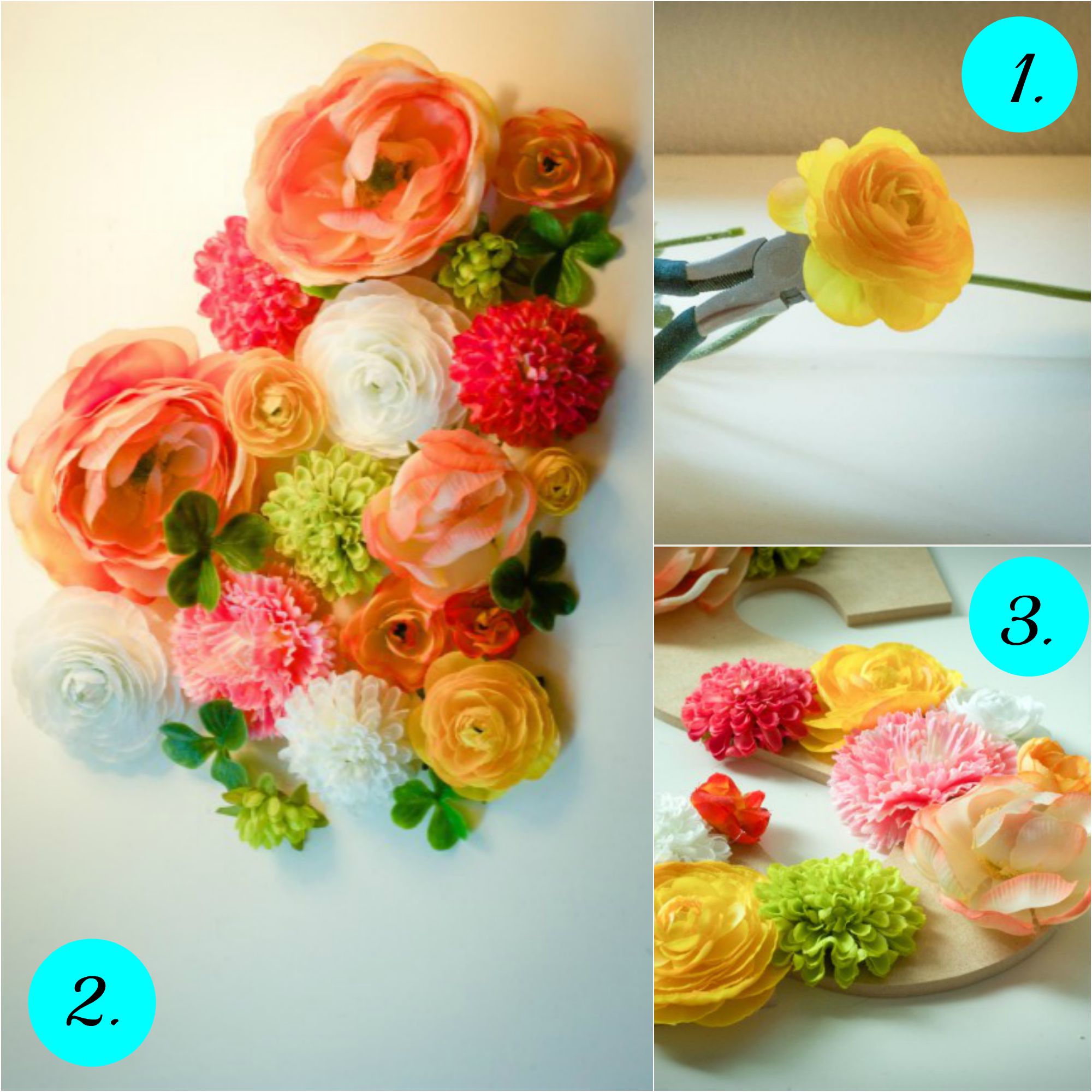 Postupak izrade: isecite drške cveća i poređajte cvetove na slova pre lepljenja.